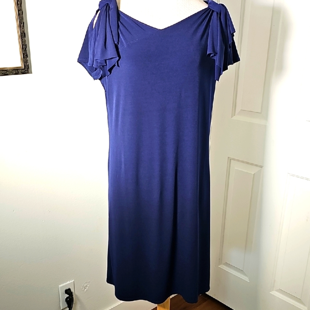 SIMONTON SAYS Elegant Navy Blue‎ Dress with Shoulder Ties. No Fuss, Easy Care.